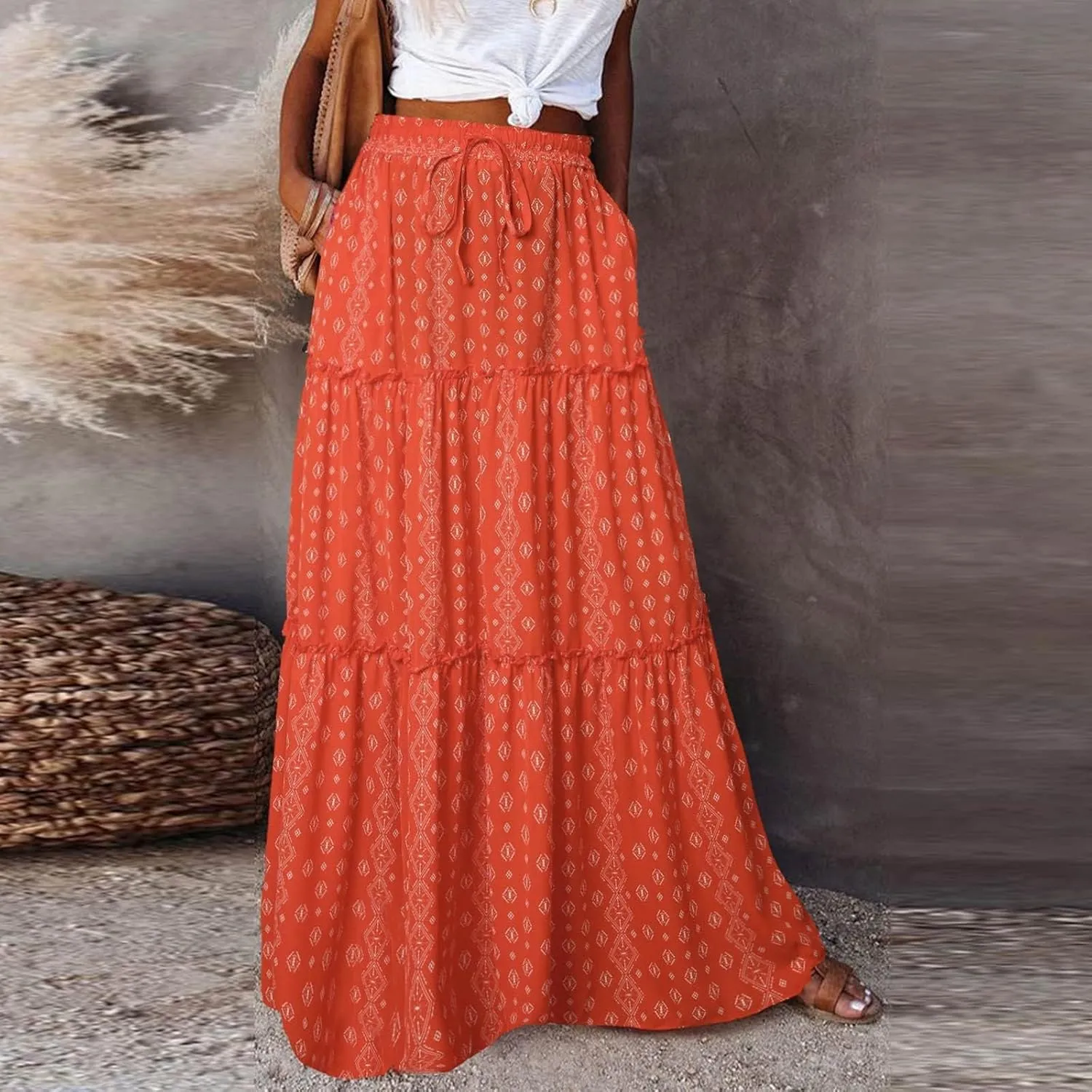 Womens Casual High Waist Long Skirt Trendy Tiered Pleated Maxi Skirts Summer Boho Flowy A Line Ruffle Skirt