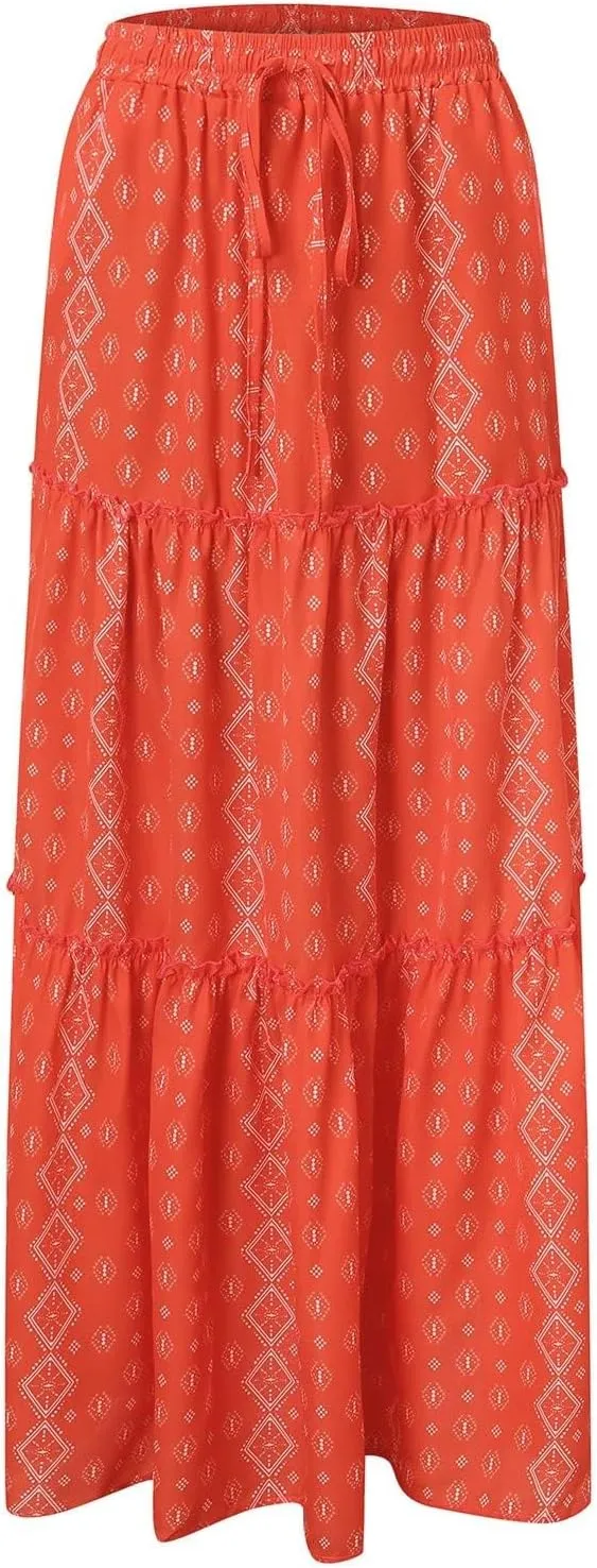 Womens Casual High Waist Long Skirt Trendy Tiered Pleated Maxi Skirts Summer Boho Flowy A Line Ruffle Skirt