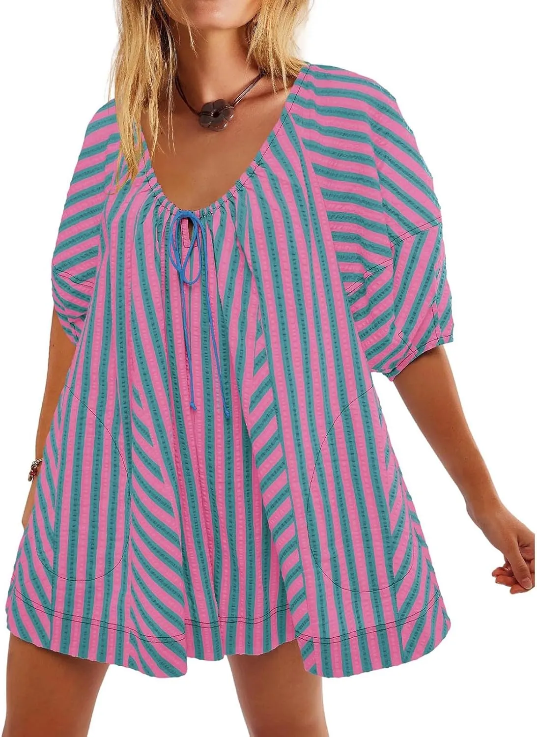 Womens Casual Striped Romper Dress Summer Dressy Short Jumpsuits Romper Shorts Puff Sleeve Trendy Beach Outfits