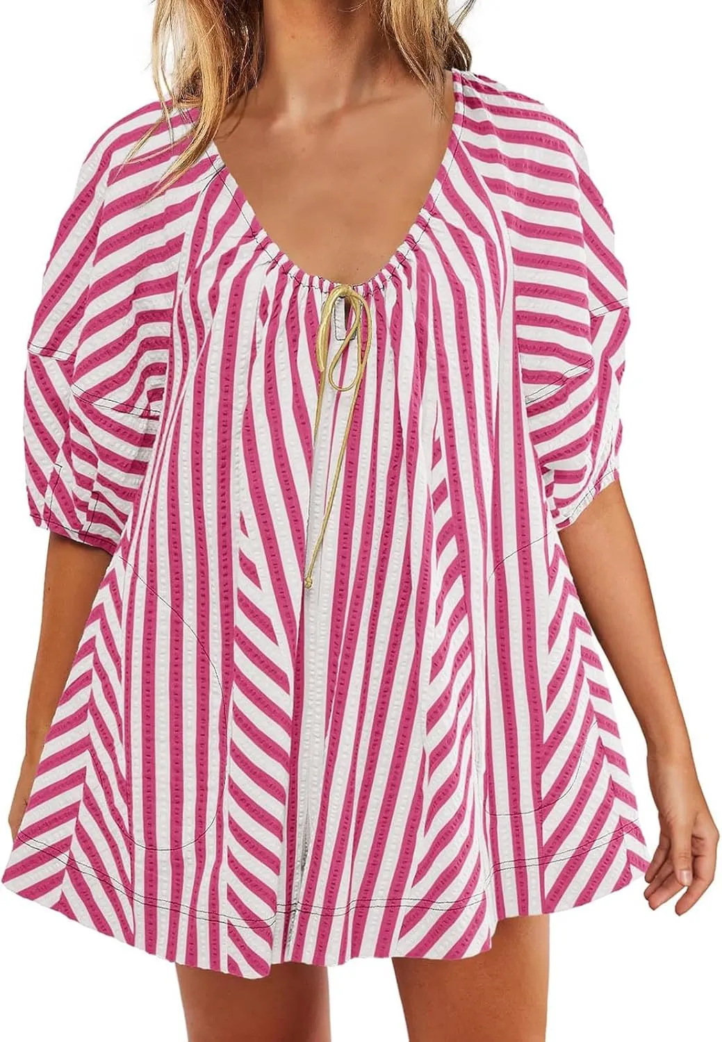 Womens Casual Striped Romper Dress Summer Dressy Short Jumpsuits Romper Shorts Puff Sleeve Trendy Beach Outfits
