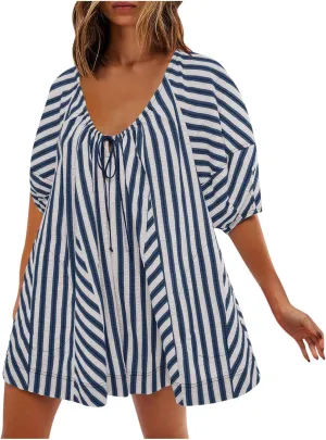 Womens Casual Striped Romper Dress Summer Dressy Short Jumpsuits Romper Shorts Puff Sleeve Trendy Beach Outfits