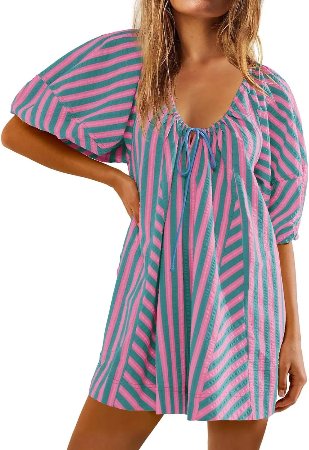 Womens Casual Striped Romper Dress Summer Dressy Short Jumpsuits Romper Shorts Puff Sleeve Trendy Beach Outfits