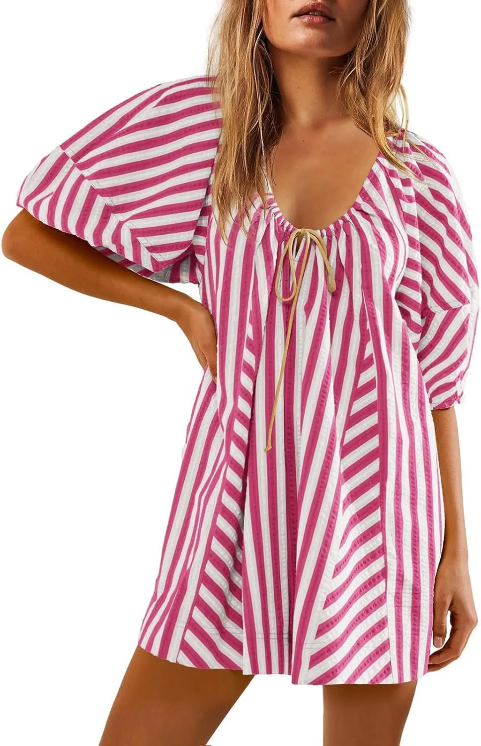 Womens Casual Striped Romper Dress Summer Dressy Short Jumpsuits Romper Shorts Puff Sleeve Trendy Beach Outfits
