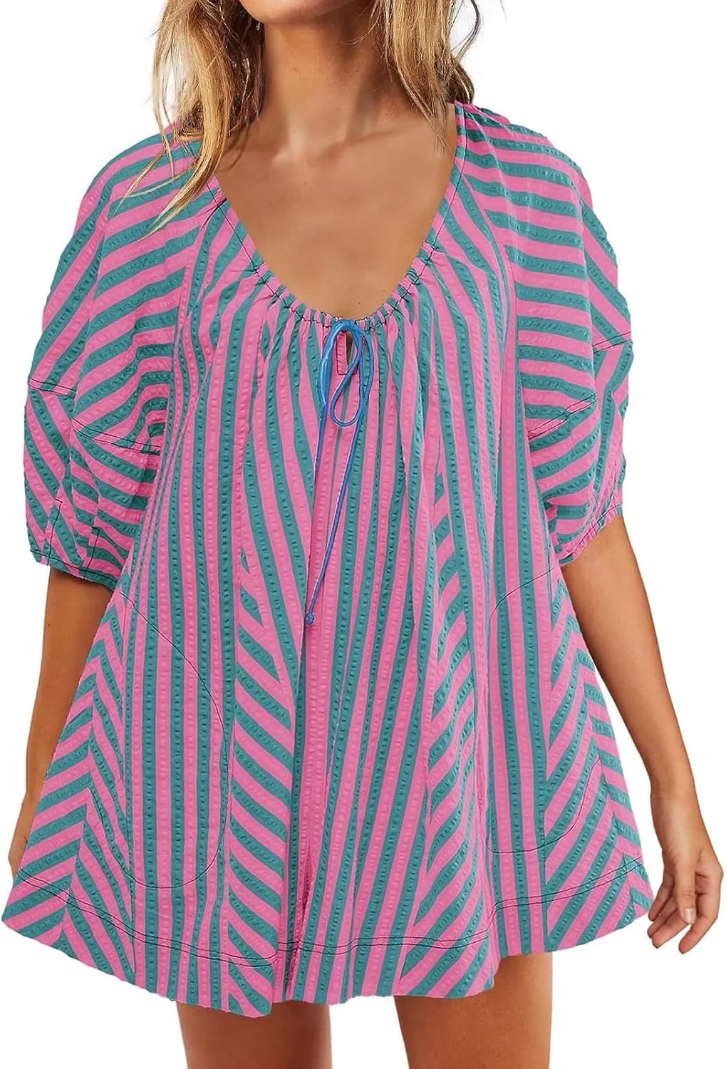 Womens Casual Striped Romper Dress Summer Dressy Short Jumpsuits Romper Shorts Puff Sleeve Trendy Beach Outfits