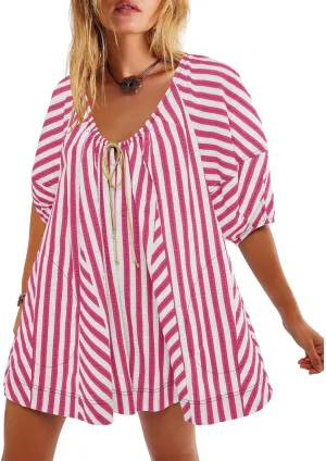 Womens Casual Striped Romper Dress Summer Dressy Short Jumpsuits Romper Shorts Puff Sleeve Trendy Beach Outfits