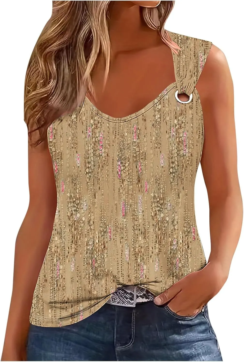 Womens Casual Tank Tops Floral Print Sleeveless Shirts Fashion Graphic Tee Vests O Ring Shoulder Tank Loose Summer Top