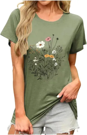 Womens Casual Tops Cap Sleeves Round Neck Loose fit Tunic Top T-Shirts Floral Graphic Comfy Spring Summer Tee Shirts