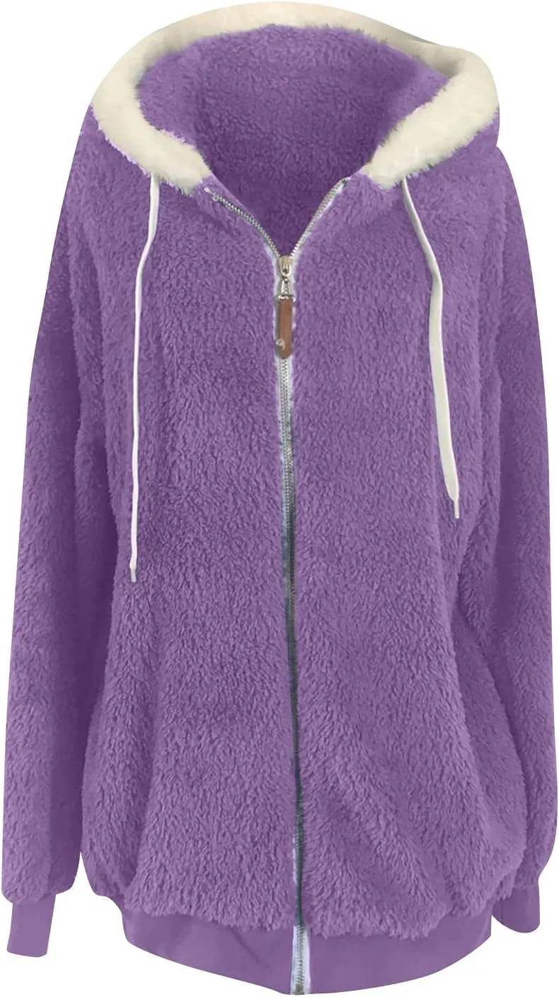 Women's Contrasting Lamb Wool Padded Coat Trendy Faux Shearling Coat Warm Hooded Zip Up Fuzzy Winter Jacket with Pockets