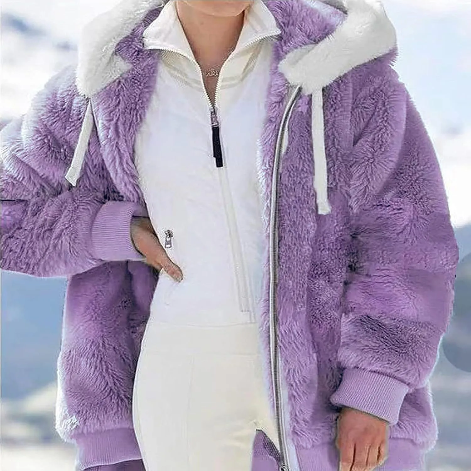 Women's Contrasting Lamb Wool Padded Coat Trendy Faux Shearling Coat Warm Hooded Zip Up Fuzzy Winter Jacket with Pockets