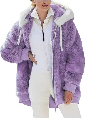 Women's Contrasting Lamb Wool Padded Coat Trendy Faux Shearling Coat Warm Hooded Zip Up Fuzzy Winter Jacket with Pockets