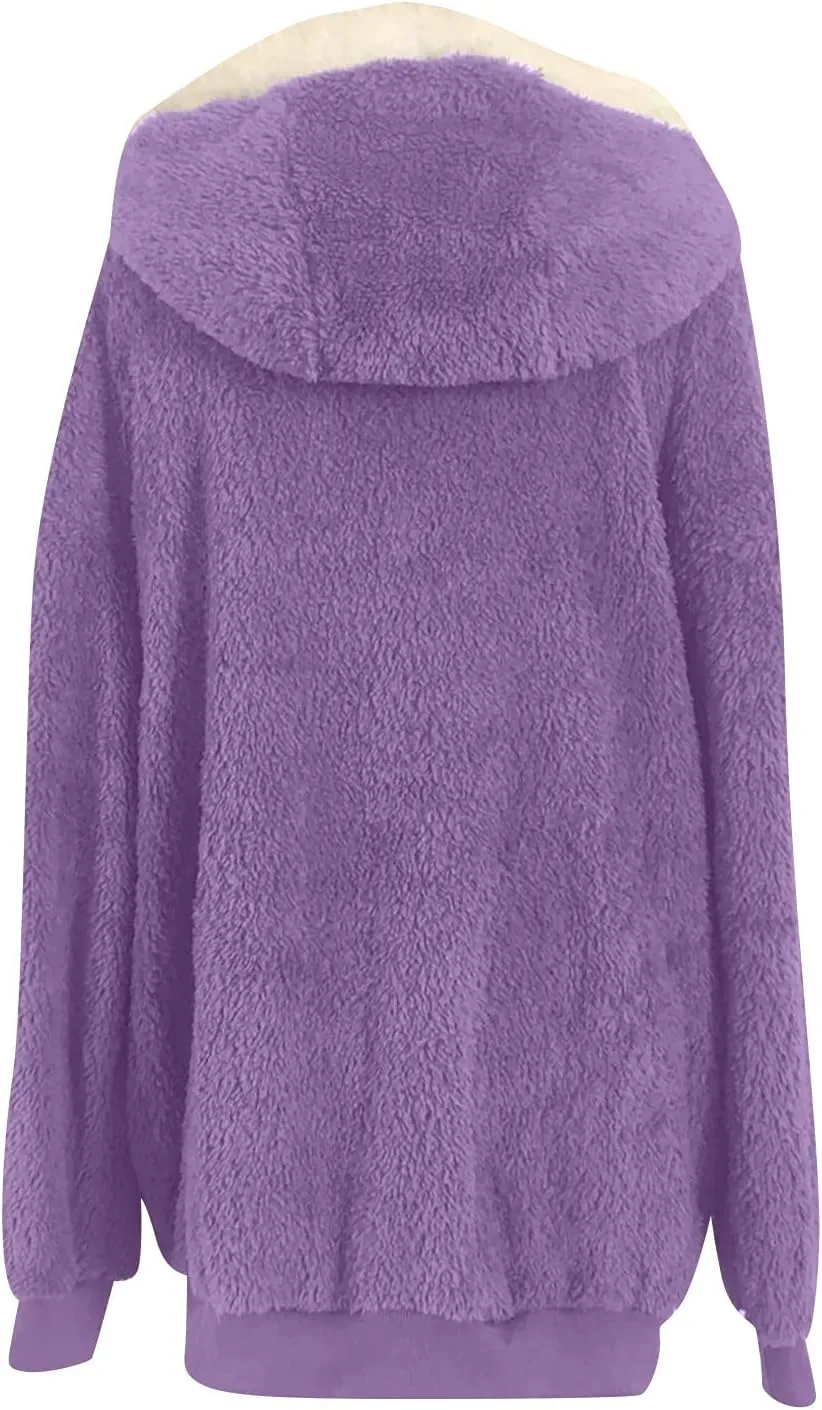 Women's Contrasting Lamb Wool Padded Coat Trendy Faux Shearling Coat Warm Hooded Zip Up Fuzzy Winter Jacket with Pockets