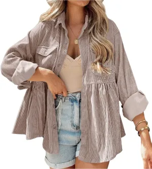 Womens Corduroy Peplum Shirts Tops Cute Long Sleeve Button Down Blouses with Pockets
