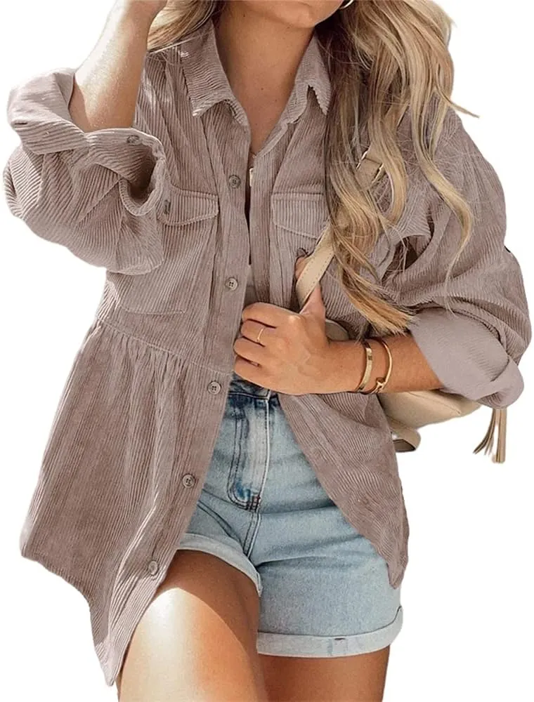 Womens Corduroy Peplum Shirts Tops Cute Long Sleeve Button Down Blouses with Pockets