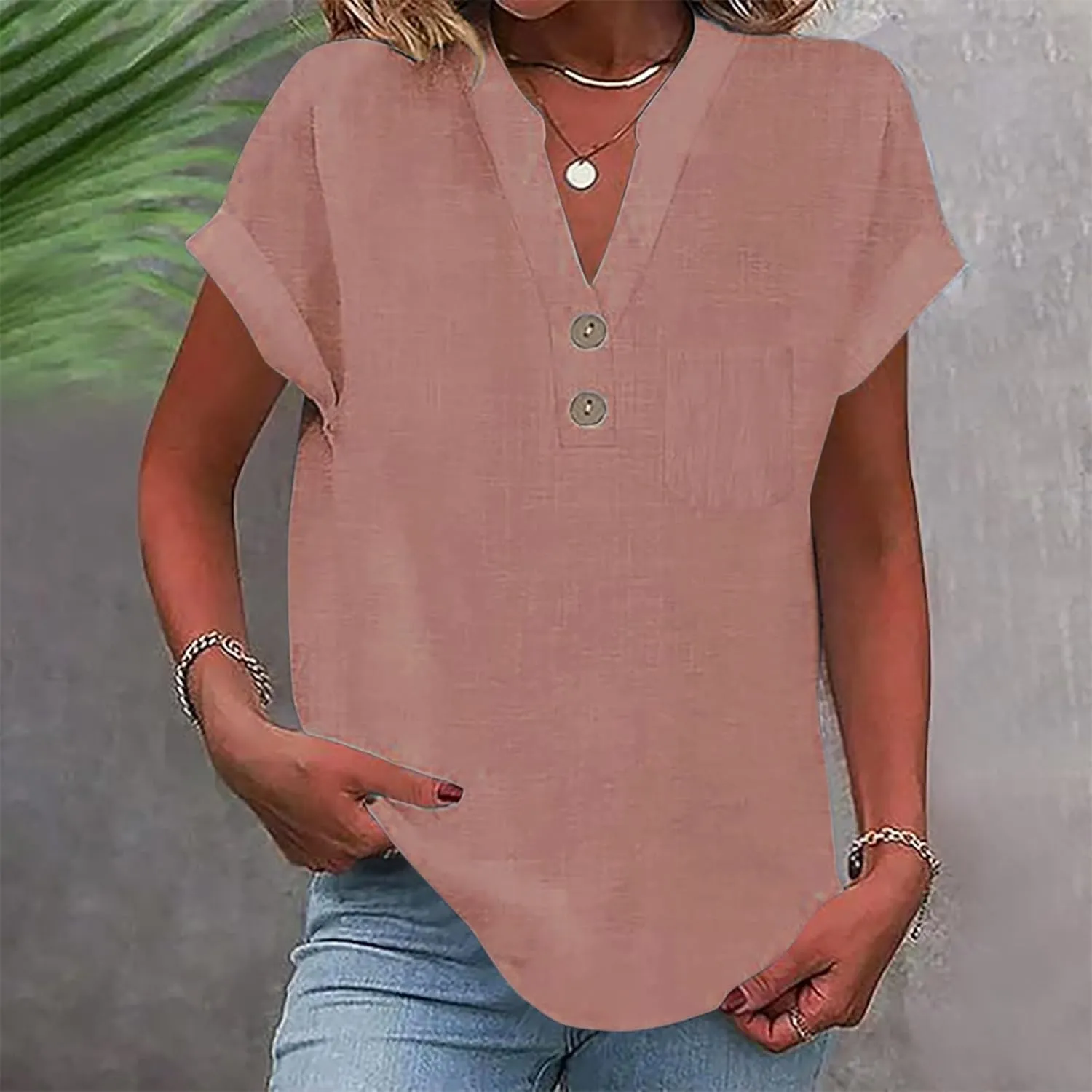 Womens Cotton Gauze Tops Linen Summer Blouses V Neck Short Sleeve Shirts Dressy Casual Tunics Beach Vacation Clothing