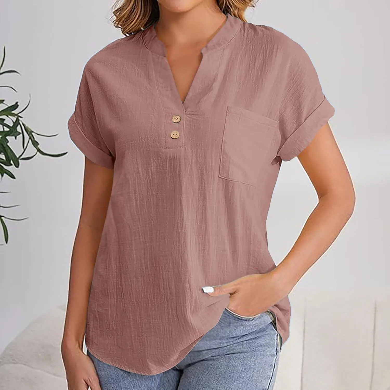 Womens Cotton Gauze Tops Linen Summer Blouses V Neck Short Sleeve Shirts Dressy Casual Tunics Beach Vacation Clothing