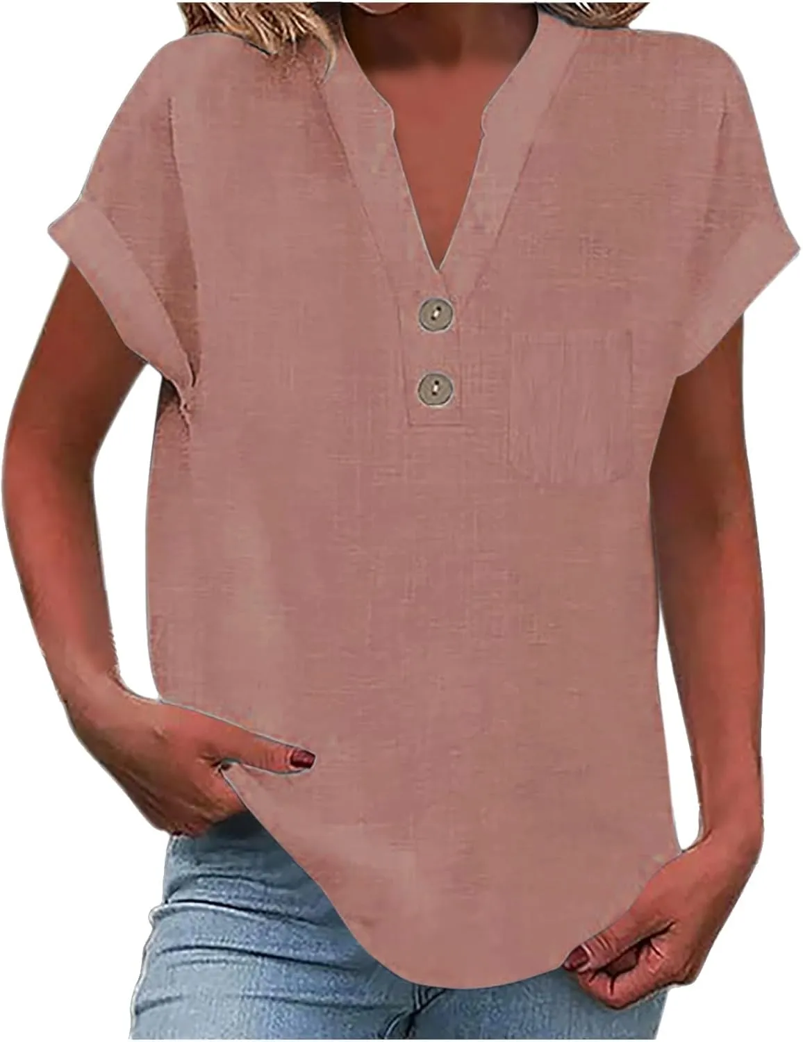 Womens Cotton Gauze Tops Linen Summer Blouses V Neck Short Sleeve Shirts Dressy Casual Tunics Beach Vacation Clothing