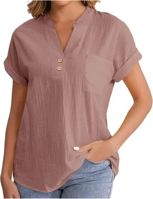 Womens Cotton Gauze Tops Linen Summer Blouses V Neck Short Sleeve Shirts Dressy Casual Tunics Beach Vacation Clothing