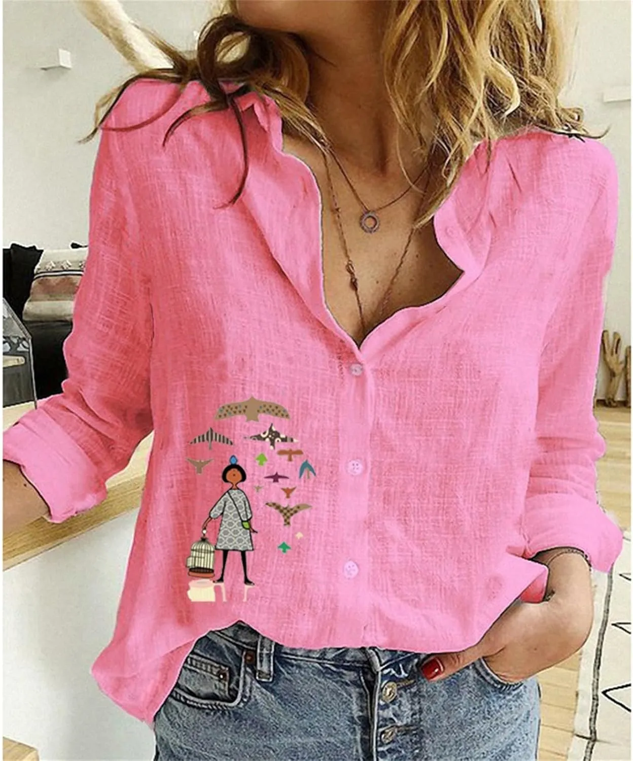 Womens Cotton Linen 3/4 Sleeve Length Y2K Tops Cute Graphic Tee Solid Color Button Down Shirts Oversized Tshirts for Women