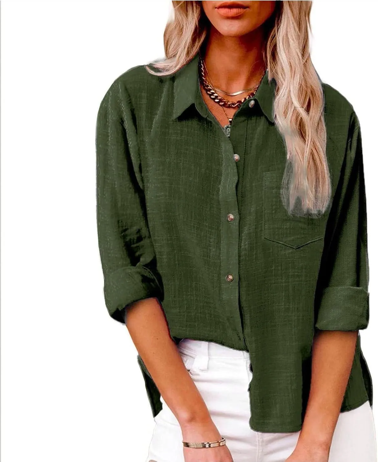 Womens Cotton Linen Button Down Shirt 2025 Fall Casual Long Sleeve Solid Color Shirts Loose Tops with Pockets