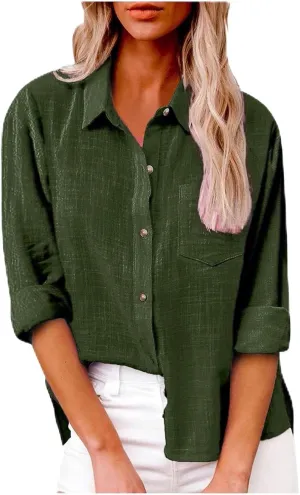 Womens Cotton Linen Button Down Shirt 2025 Fall Casual Long Sleeve Solid Color Shirts Loose Tops with Pockets