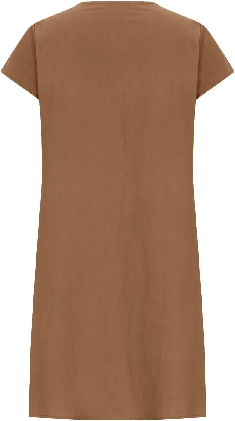 Women's Cotton Linen Dress Casual Cap Sleeve Crew Neck Ruched Flowy Summer Beach Sundress Loose Midi Dress