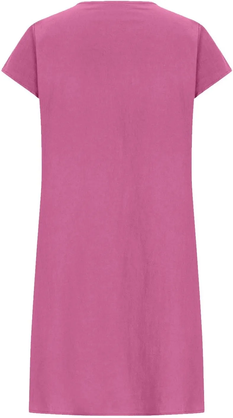 Women's Cotton Linen Dress Casual Cap Sleeve Crew Neck Ruched Flowy Summer Beach Sundress Loose Midi Dress