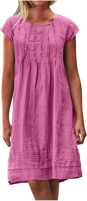 Women's Cotton Linen Dress Casual Cap Sleeve Crew Neck Ruched Flowy Summer Beach Sundress Loose Midi Dress