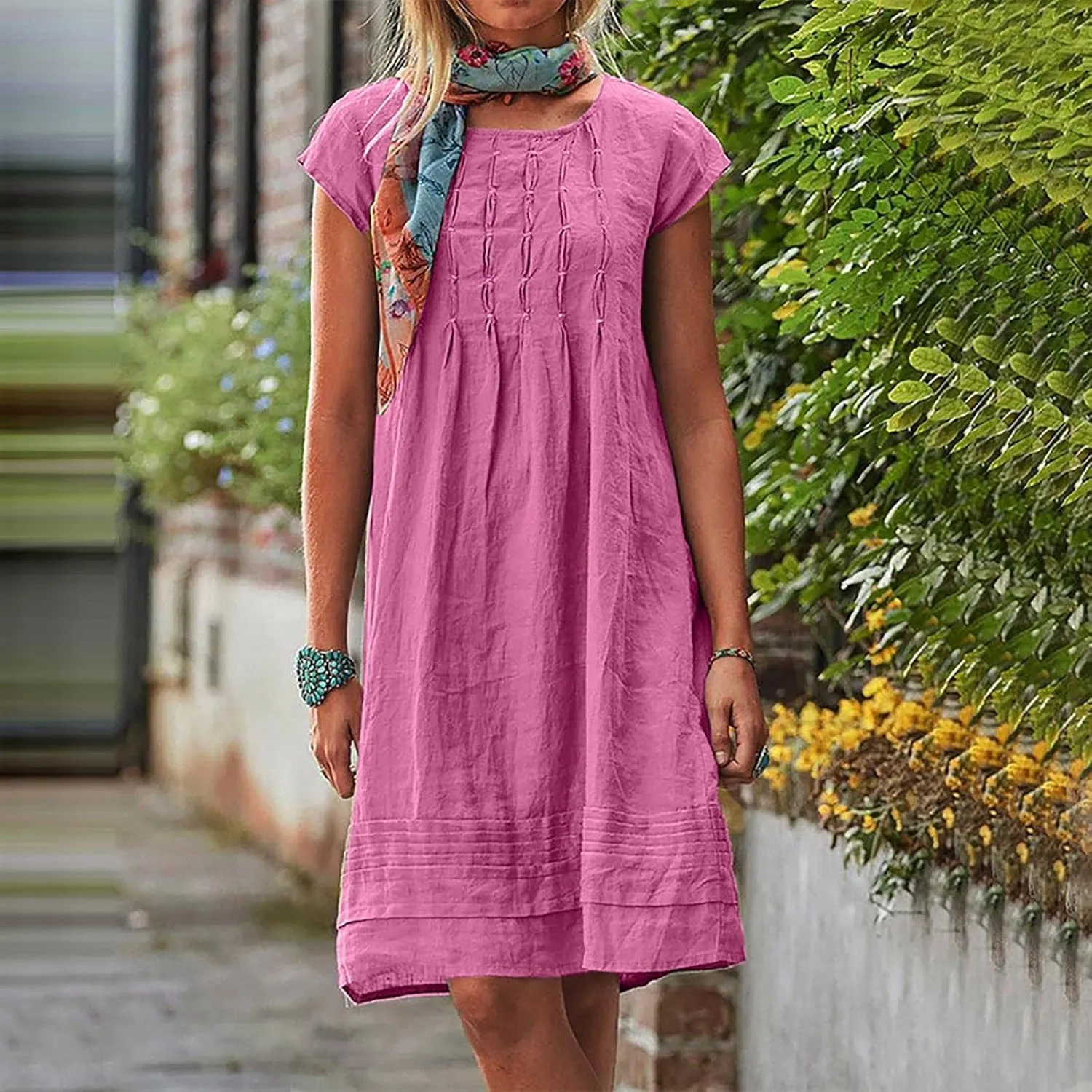 Women's Cotton Linen Dress Casual Cap Sleeve Crew Neck Ruched Flowy Summer Beach Sundress Loose Midi Dress