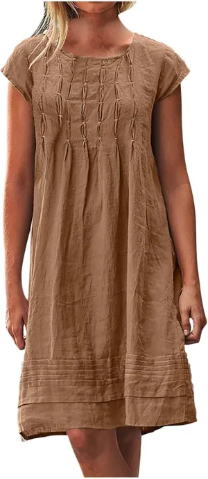 Women's Cotton Linen Dress Casual Cap Sleeve Crew Neck Ruched Flowy Summer Beach Sundress Loose Midi Dress
