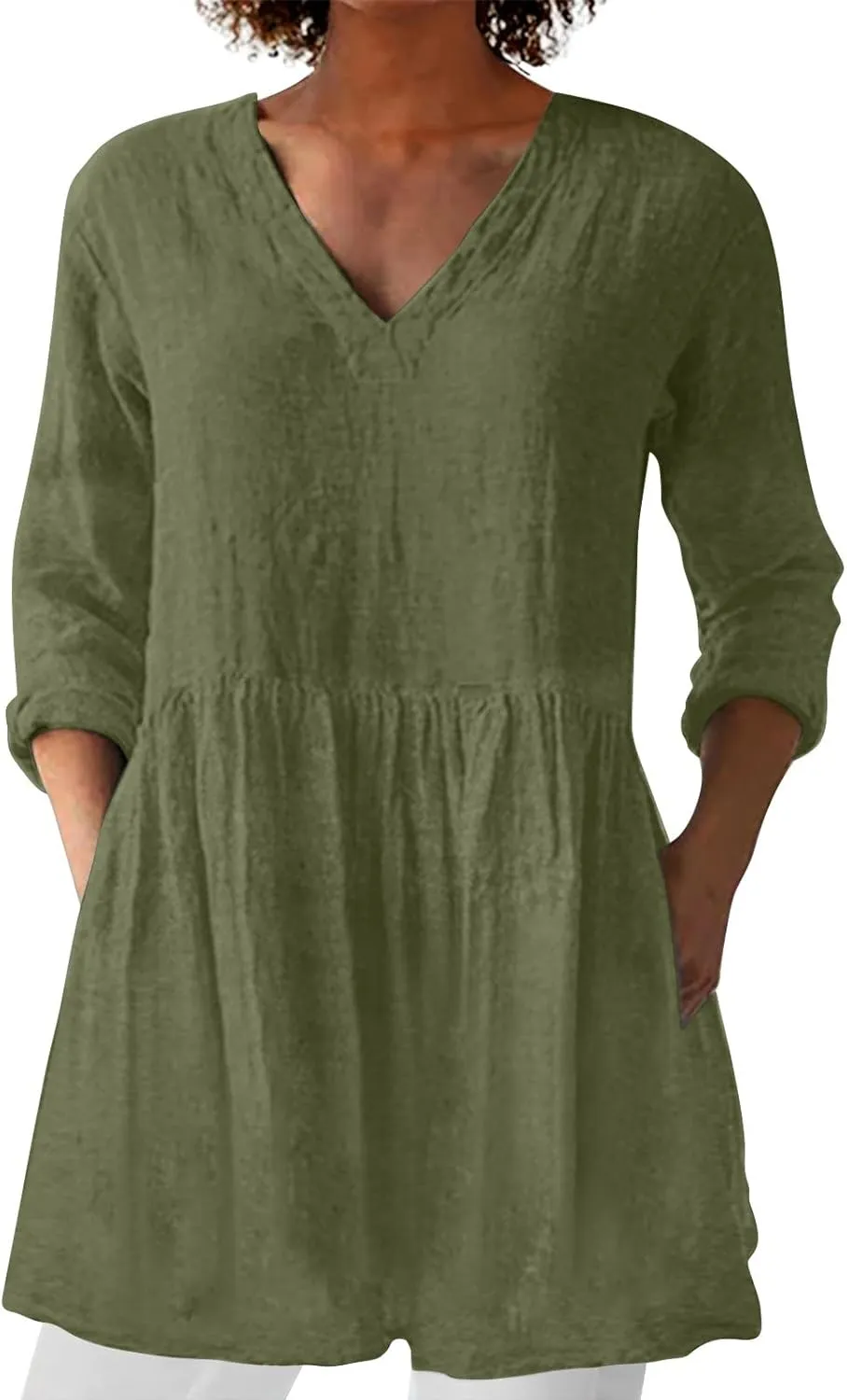 Womens Cotton Linen Peasant Blouses Long Sleeve V Neck Casual Loose Fit Tunic Tops for Leggings Flowy Babydoll Shirt