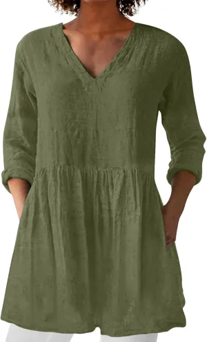 Womens Cotton Linen Peasant Blouses Long Sleeve V Neck Casual Loose Fit Tunic Tops for Leggings Flowy Babydoll Shirt