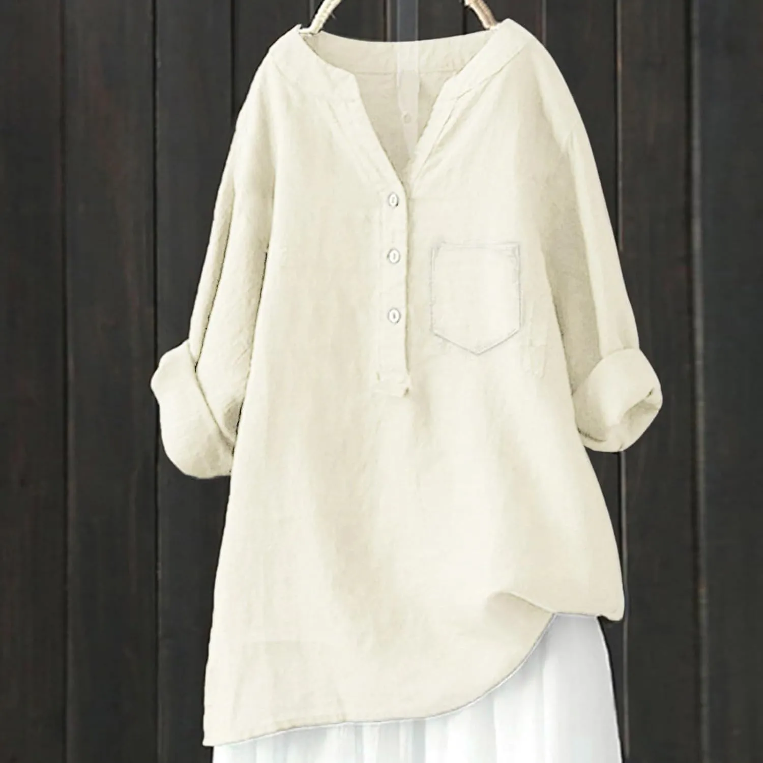 Womens Cotton Linen Shirts 3/4 Roll Up Sleeve Casual V Neck Button Up Dressy Blouses Summer Vacation Oversized Tshirt