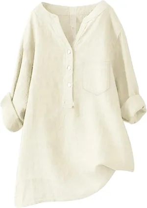 Womens Cotton Linen Shirts 3/4 Roll Up Sleeve Casual V Neck Button Up Dressy Blouses Summer Vacation Oversized Tshirt