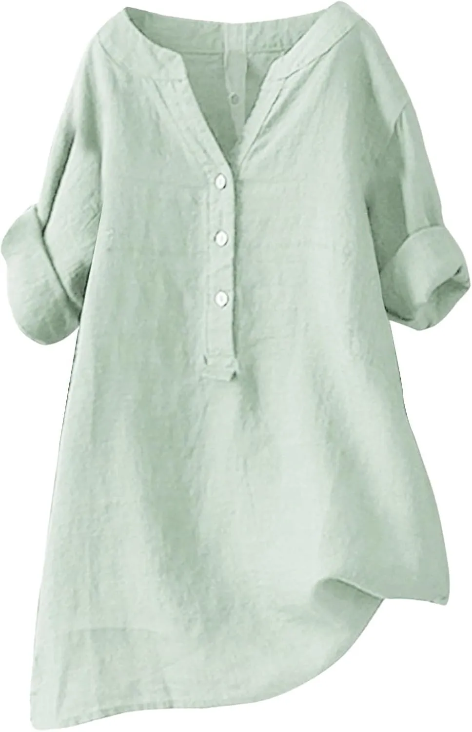 Womens Cotton Linen Shirts Summer Casual Roll Up Sleeve Tunic Tops Oversized Tshirts Solid V Neck Button Down Dressy Blouses