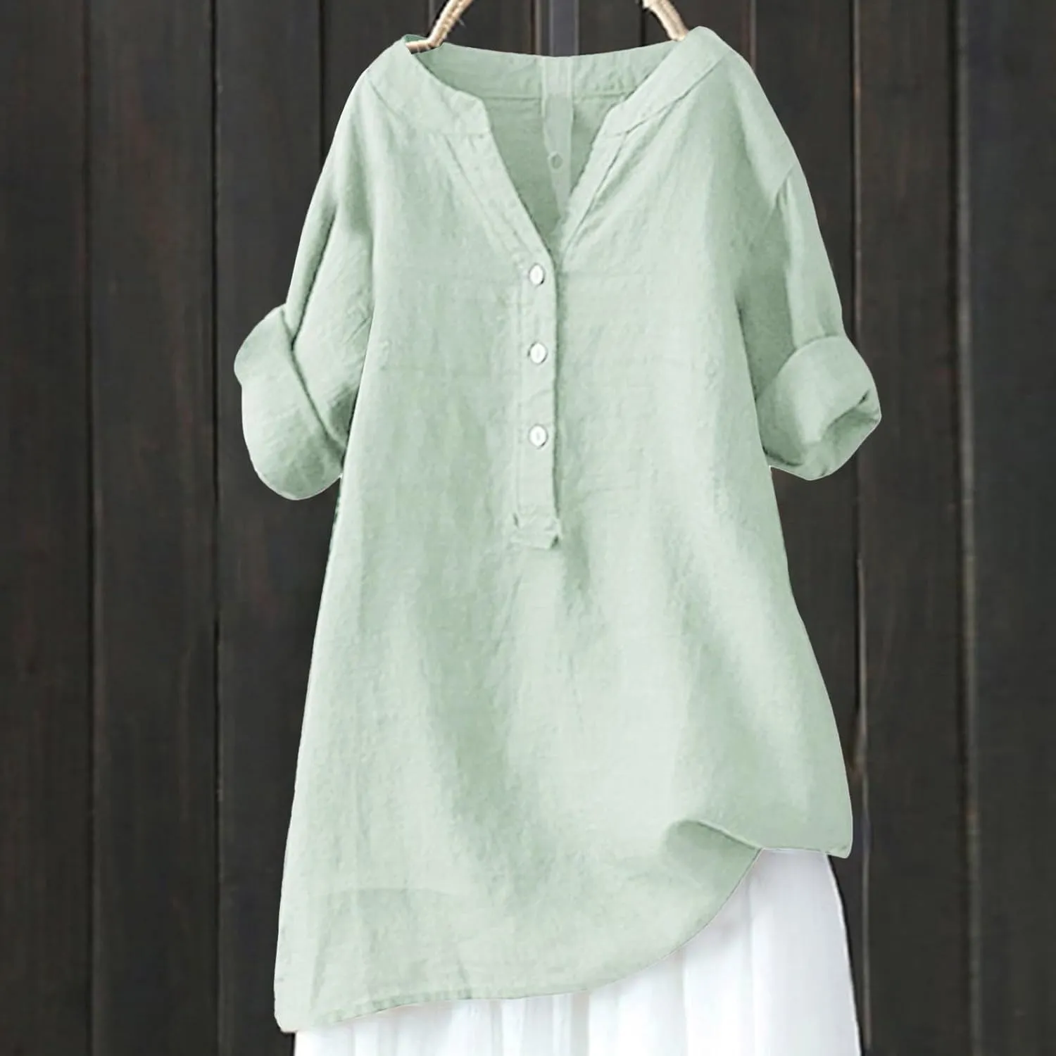 Womens Cotton Linen Shirts Summer Casual Roll Up Sleeve Tunic Tops Oversized Tshirts Solid V Neck Button Down Dressy Blouses