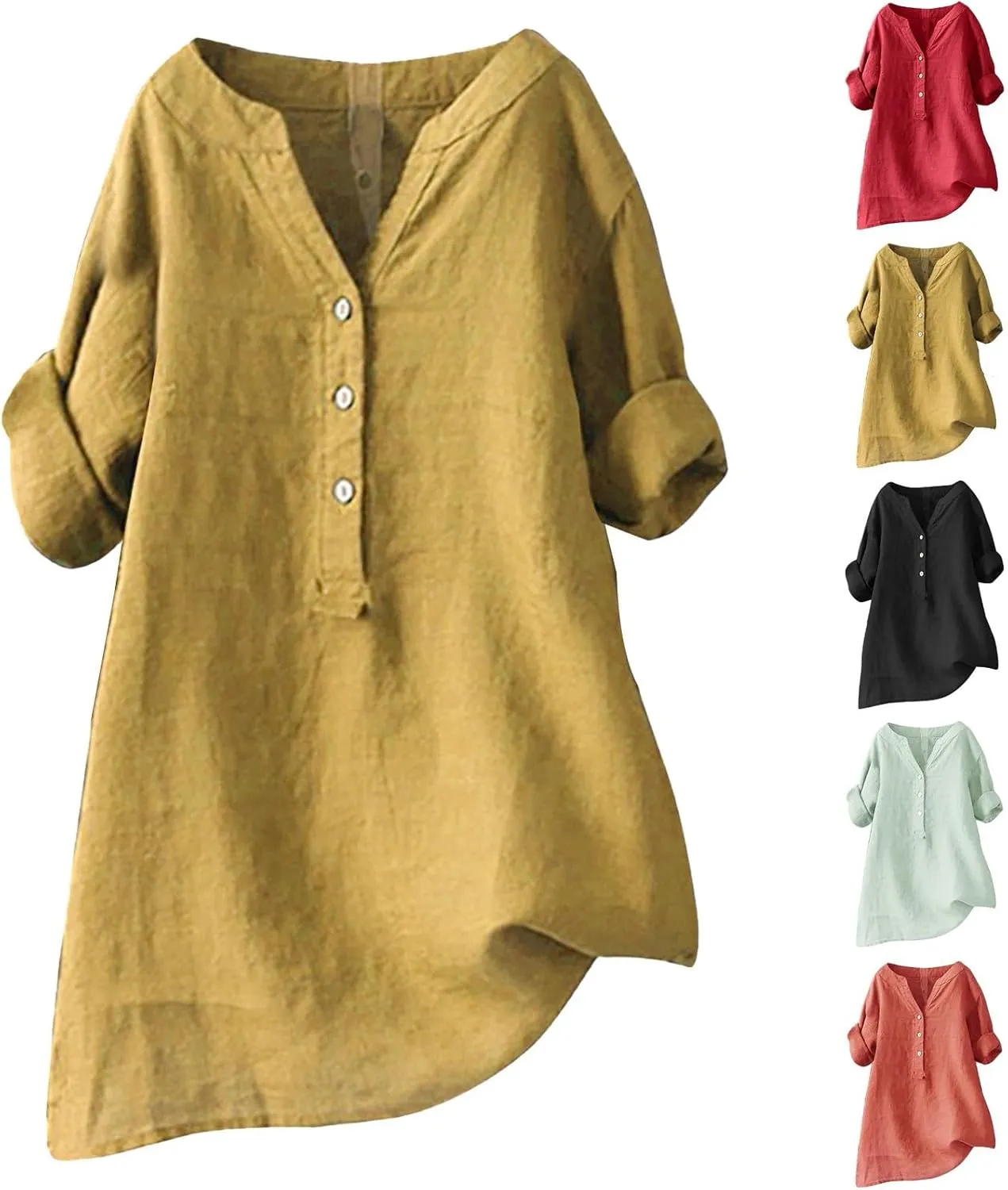 Womens Cotton Linen Shirts Summer Casual Roll Up Sleeve Tunic Tops Oversized Tshirts Solid V Neck Button Down Dressy Blouses