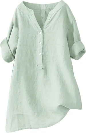 Womens Cotton Linen Shirts Summer Casual Roll Up Sleeve Tunic Tops Oversized Tshirts Solid V Neck Button Down Dressy Blouses