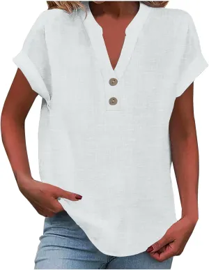 Womens Cotton Linen Shirts Summer Trendy Short Sleeve V-Neck Blouses Tops Button Down Gauze Tees Casual Clothes 2025