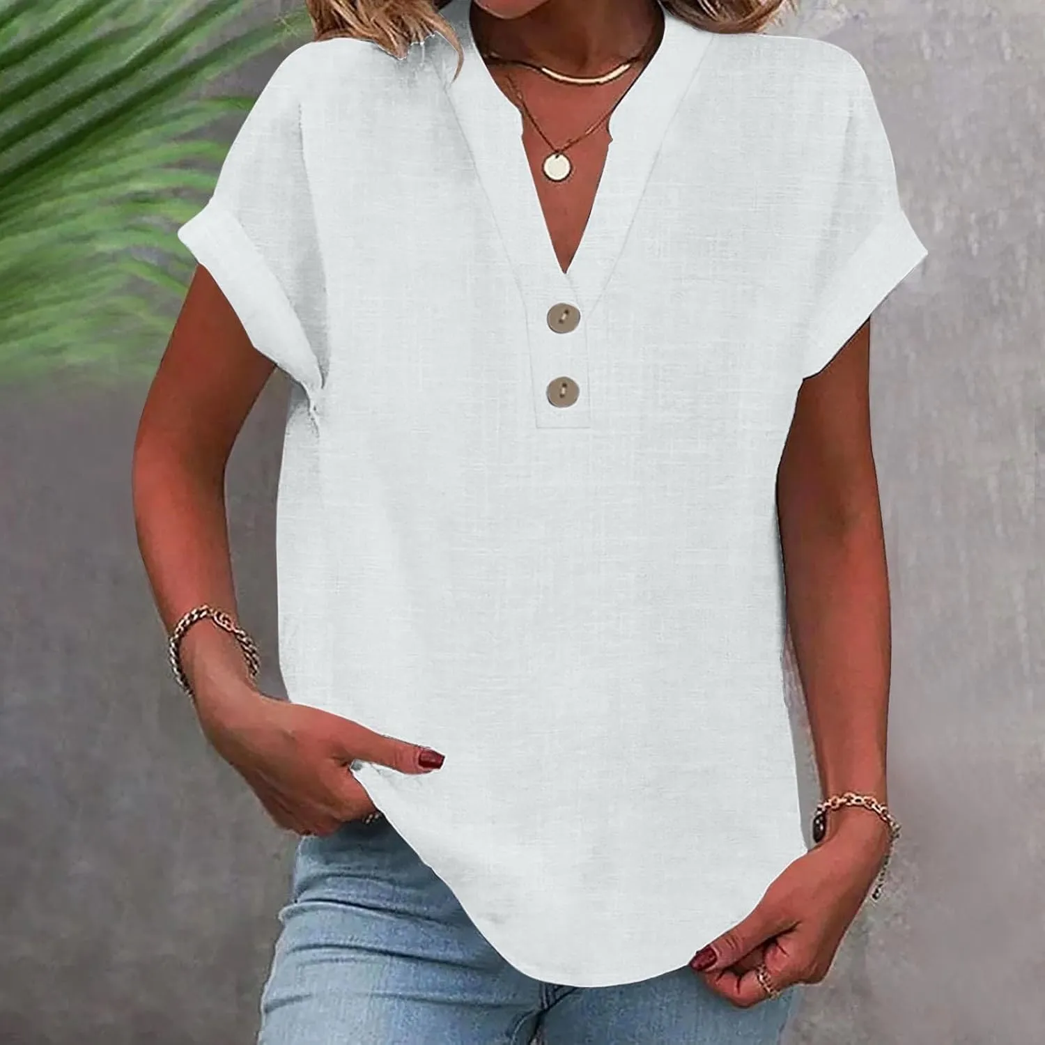 Womens Cotton Linen Shirts Summer Trendy Short Sleeve V-Neck Blouses Tops Button Down Gauze Tees Casual Clothes 2025