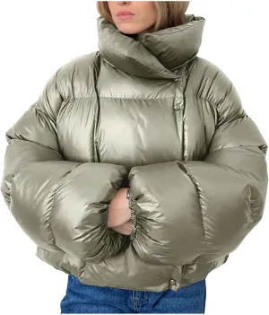 Womens Cropped Puffer Jacket Thicken Fluffy Down Jacket Warm Winter Coats Long Sleeve Stand Collar Padded Short Coats