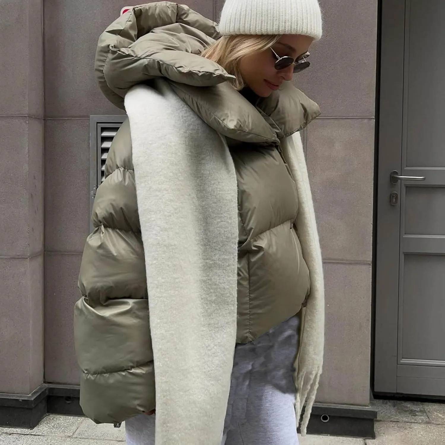 Womens Cropped Puffer Jacket Thicken Fluffy Down Jacket Warm Winter Coats Long Sleeve Stand Collar Padded Short Coats