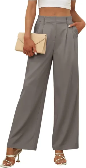 Womens Dress Pants Business Casual Wide Leg Trousers High Waist Straight Leg Pant Trendy Elastic Waist Palazzo Bottoms