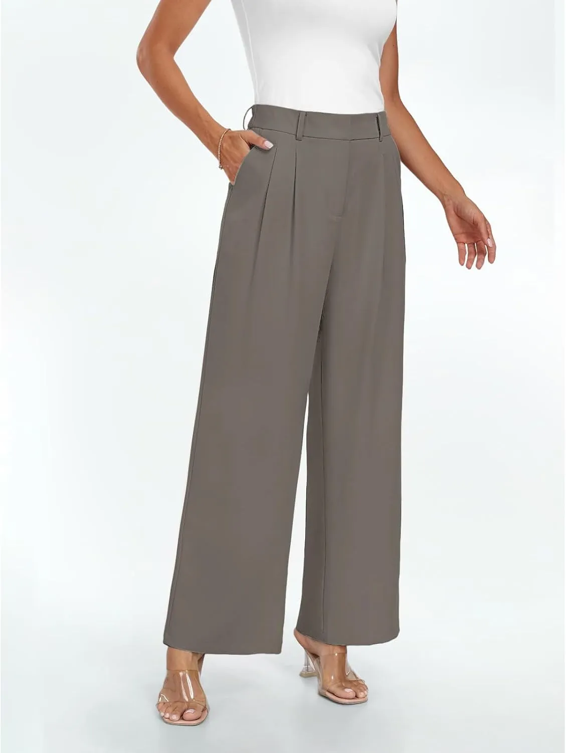Womens Dress Pants Business Casual Wide Leg Trousers High Waist Straight Leg Pant Trendy Elastic Waist Palazzo Bottoms
