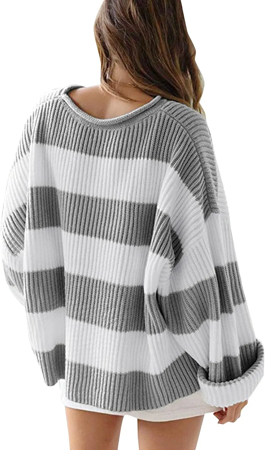 Women's Fall Long Sleeve Crew Neck Striped Color Block Comfy Loose Oversized Knitted Pullover Sweater 2025
