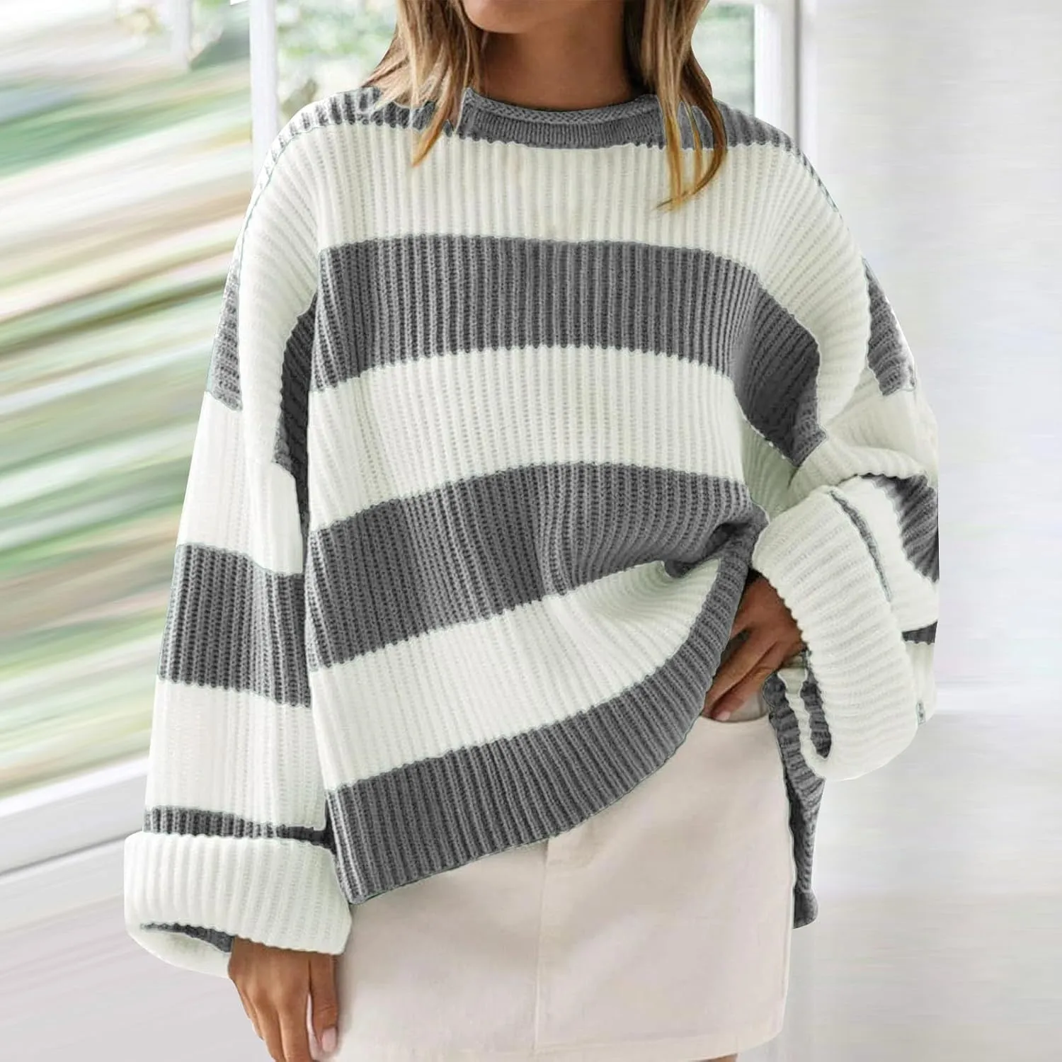 Women's Fall Long Sleeve Crew Neck Striped Color Block Comfy Loose Oversized Knitted Pullover Sweater 2025