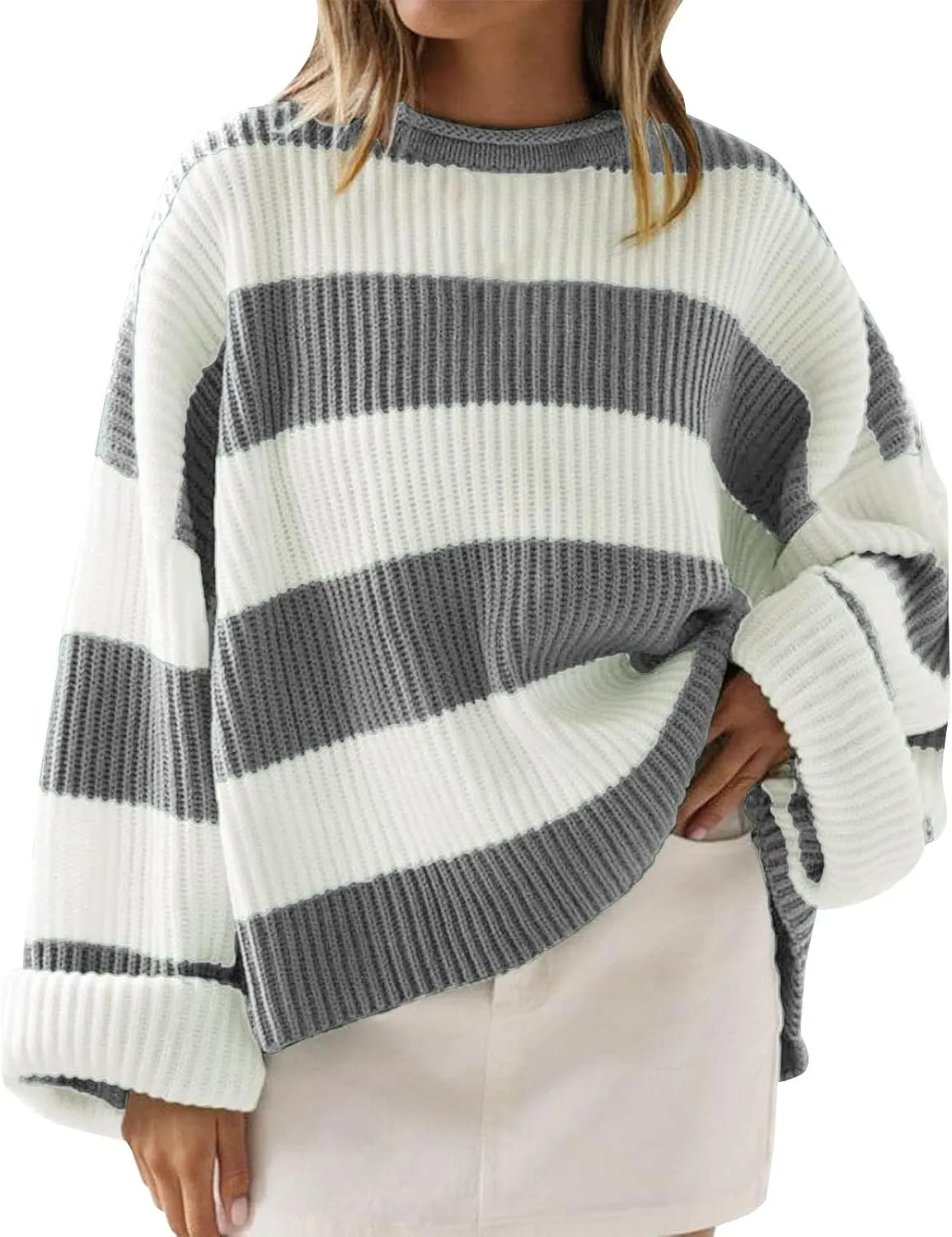 Women's Fall Long Sleeve Crew Neck Striped Color Block Comfy Loose Oversized Knitted Pullover Sweater 2025