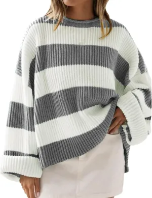 Women's Fall Long Sleeve Crew Neck Striped Color Block Comfy Loose Oversized Knitted Pullover Sweater 2025