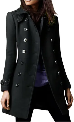 Womens Fashion Woolen Overcoat Solid Color Windbreaker 2025 Fall Winter Trench Coat Lapel Button Jacket Long Coats