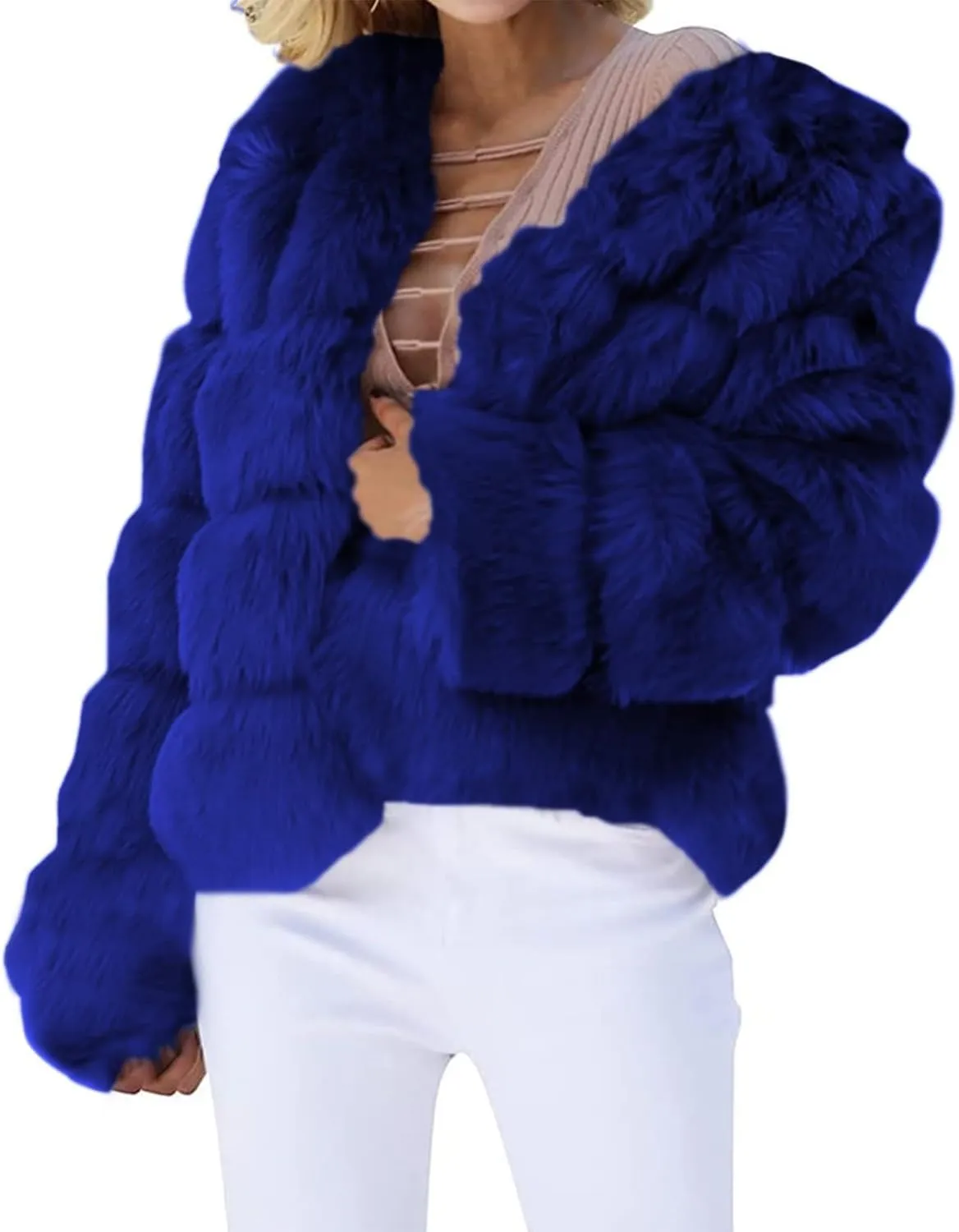 Women's Faux Fur Cropped Jacket 2024 Fall Winter Fashion Soft Long Sleeve Open Front Fluffy Fur Short Coat Outerwear
