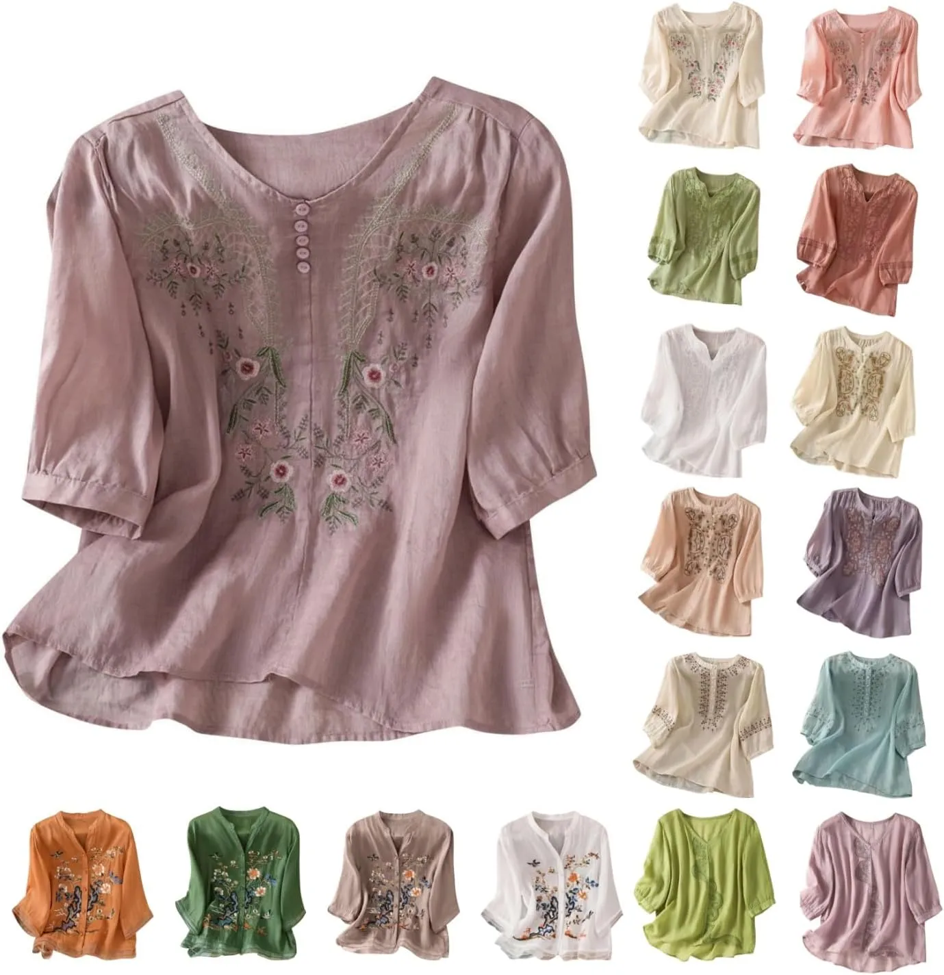 Womens Floral Embroidered Tops 3/4 Sleeve Boho Cotton Blouse Plus Size Summer Flowy Ethnic Style Peasent Henley Shirt